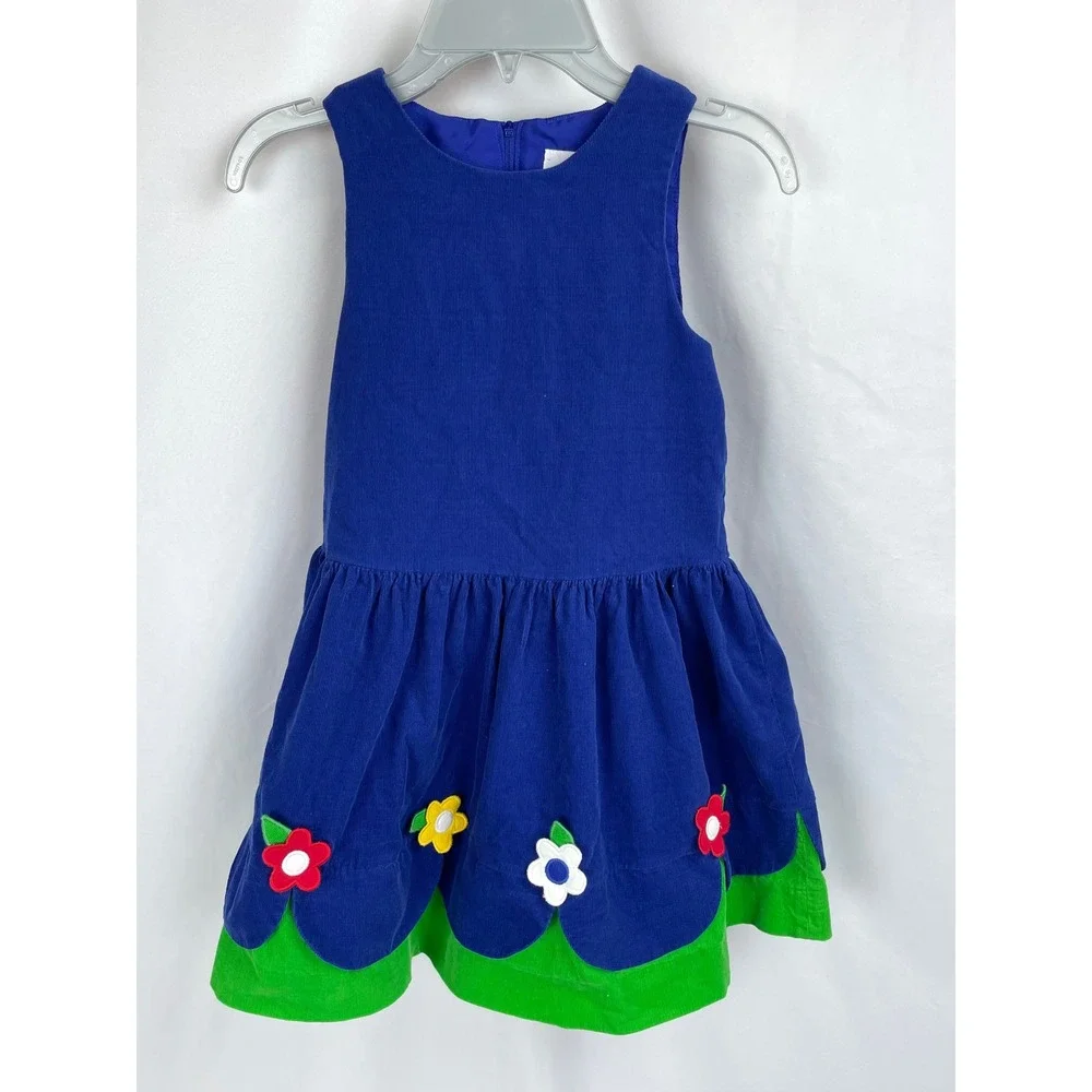 Florence Eiseman Girl 6 Blue Corduroy Jumper Dress Sleeveless Floral